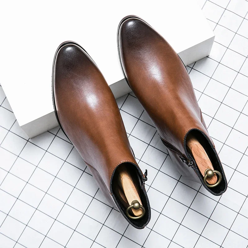 Chelsea Boots Men  New Leather Shoes Casual Classic Side Zipper Black Brown Cotton Shoes Size 38-44 Male Boots