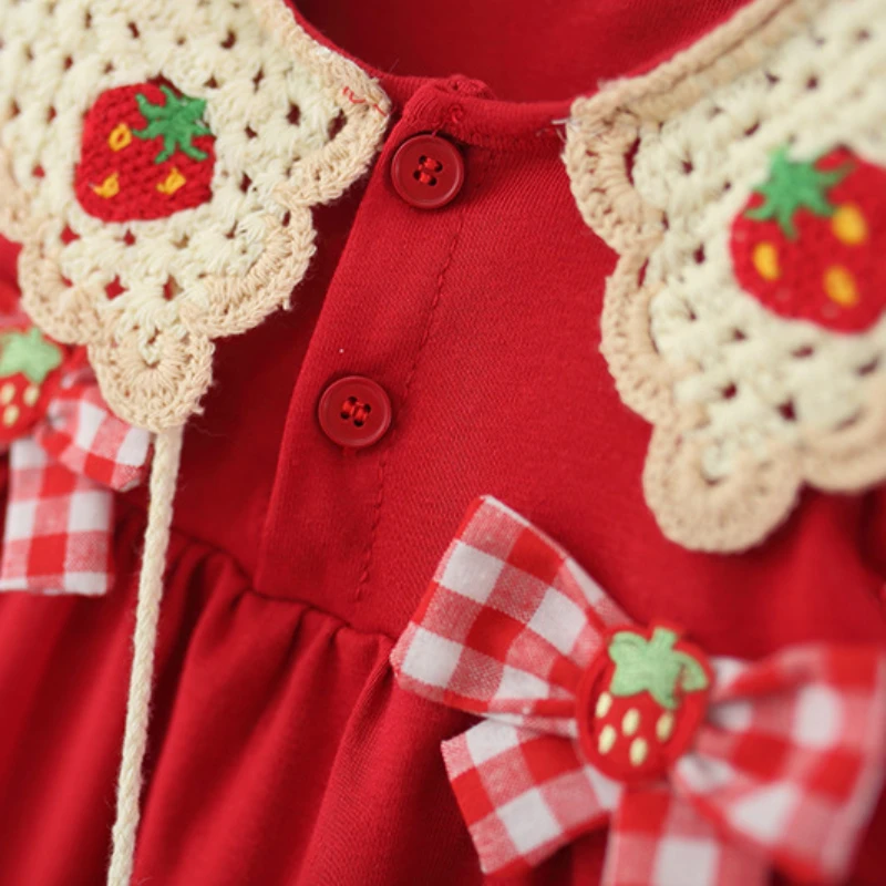 Baby Girl Bow Red Strawberry Dress Summer Element Knit Doll Collar Sleeveless Dress Baby Girl Dress with Bag 4