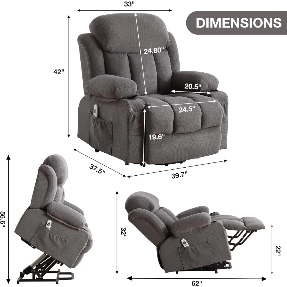 Electric Power Lift Recliner Chair with Massage and Heat for Elderly, Oversized Sofa with USB Port
