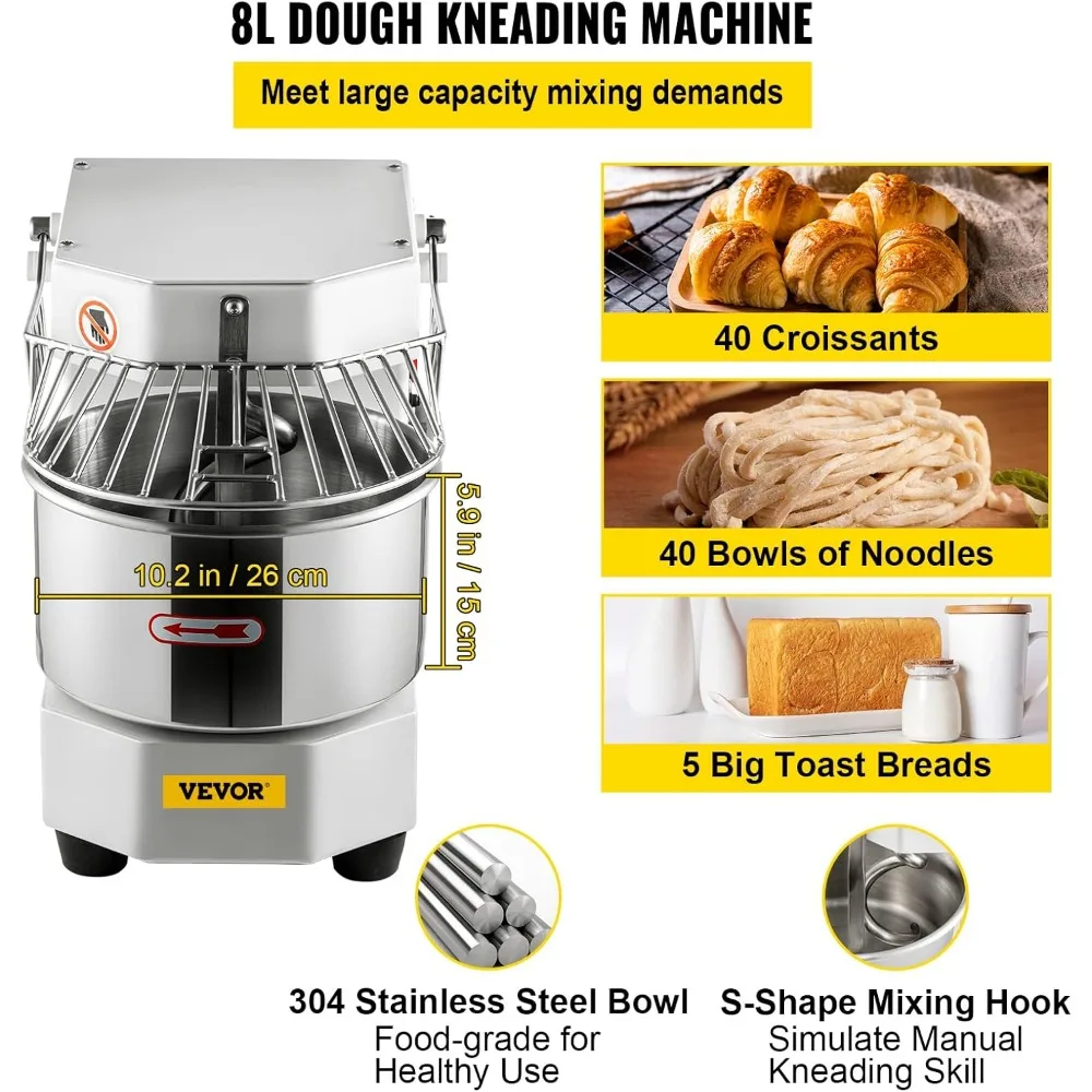 Commercial Food Mixer, 8.5Qt Capacity, 450W Dual Rotating Dough Kneading Machine with Food-grade Stainless Steel Bowl 3