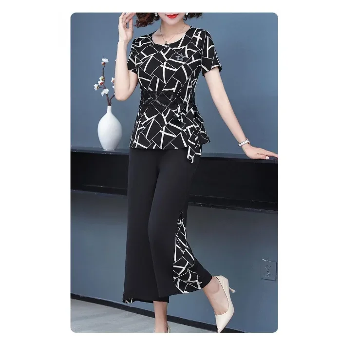 2024 new modern mother and daughter matching clothing set for women in middle age elderly short-sleeve chiffon blouses and cropped pants