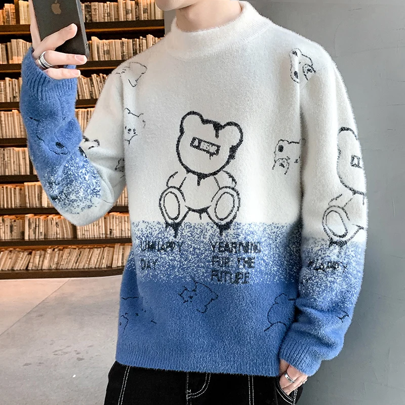 2023 New Men's Pullover Half High Neck Patchwork Printed Loose Imitation Mink Wool Fashion Sweater Knitted Long Sleeved Tops