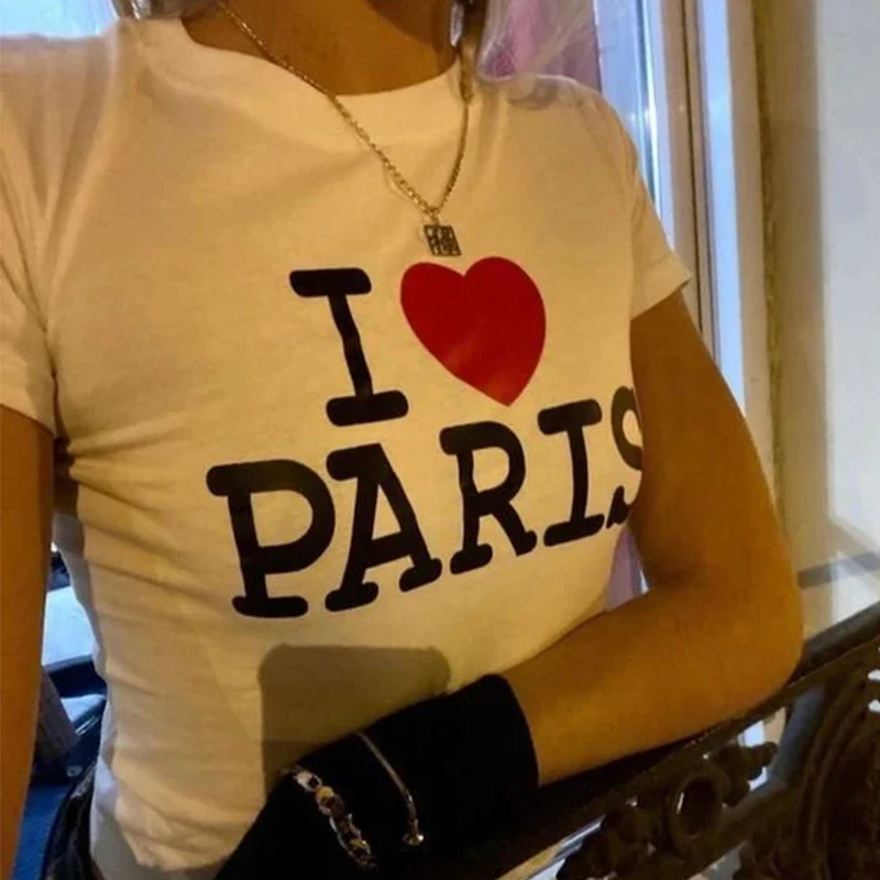 

I Love Heart Paris Women Cropped Top Harajuku Funny Y2k Graphic Tee O Neck Baby Tee 2000s Grunge Goth Clothes T Shirt Female