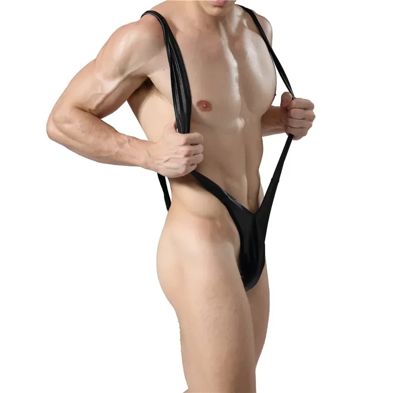 Men Jumpsuits Jockstrap PU Leather Bodysuit One Piece Sexy Gay Underwear Wrestling Singlets Penis Pouch Jumpsuit Undershirts