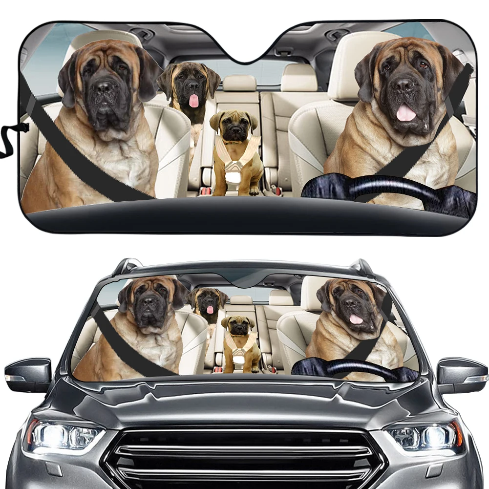 

Funny Cartoon Bulldog and Pug Driving Print Car Sun Shade for Front Window Block UV Rays Foldable Sun Windshield Visor Protector