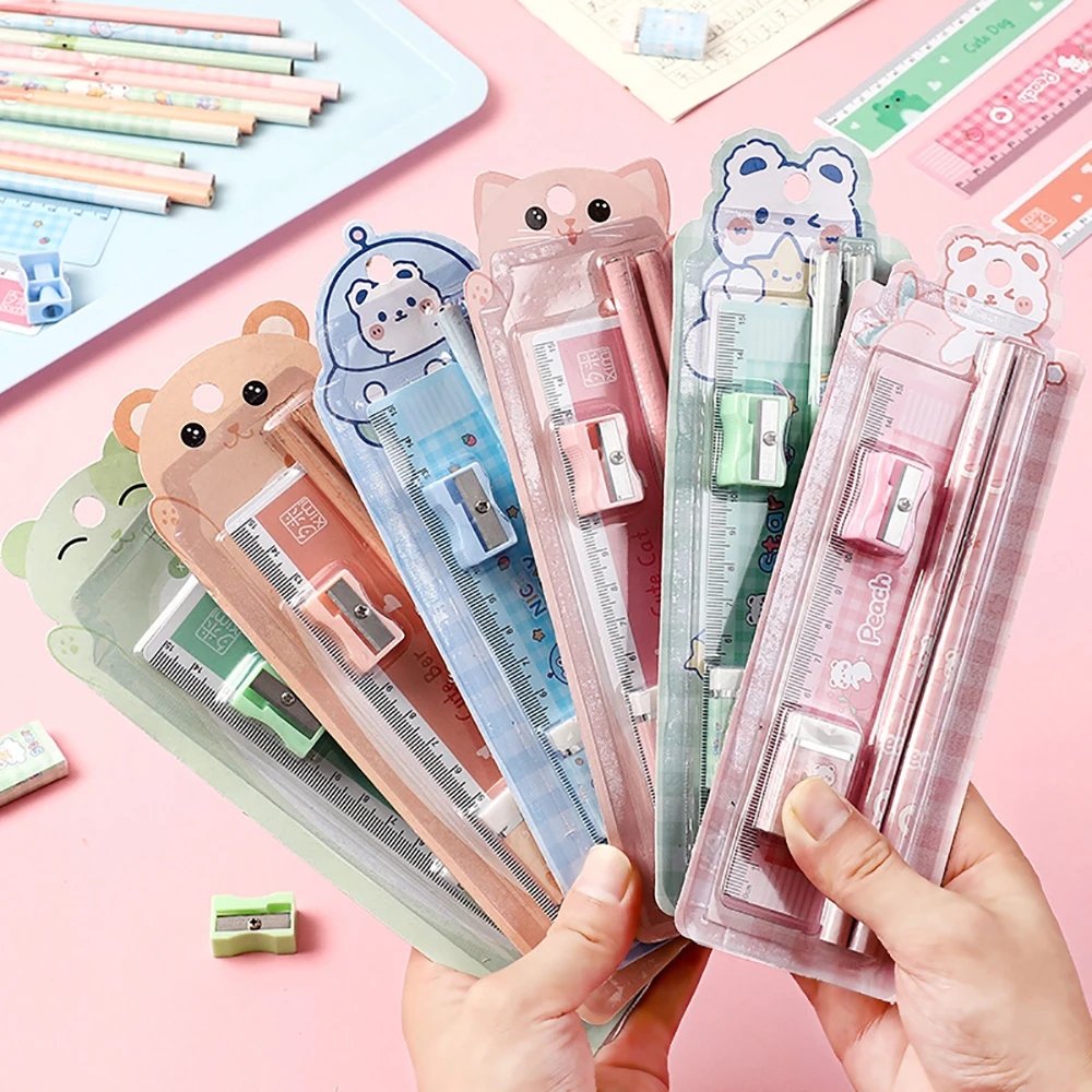 5Pcs Cute Cartoon Pencil Set Sharpener Eraser Ruler Set Gift for Kids School Office Writing Supplies Stationery cute cartoon cover notebook creative diary set kawaii students stationery supplies students back school gift set