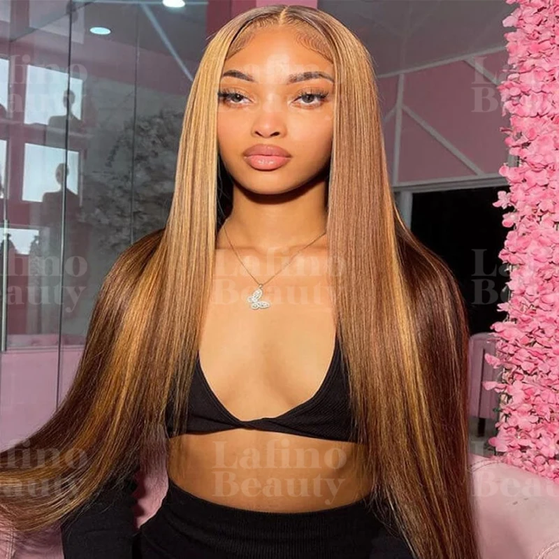 

Bone Straight Highlight Wig Human Hair 13x6 HD Lace Frontal Wigs Ombre Honey Blonde Colored Straight for 4/27