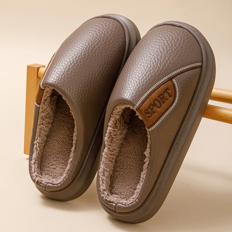 Men's Winter Warm Cotton Slippers, Large Size 46 47, Fleece Lined Leather Non-slip Indoor Outdoor Slippers