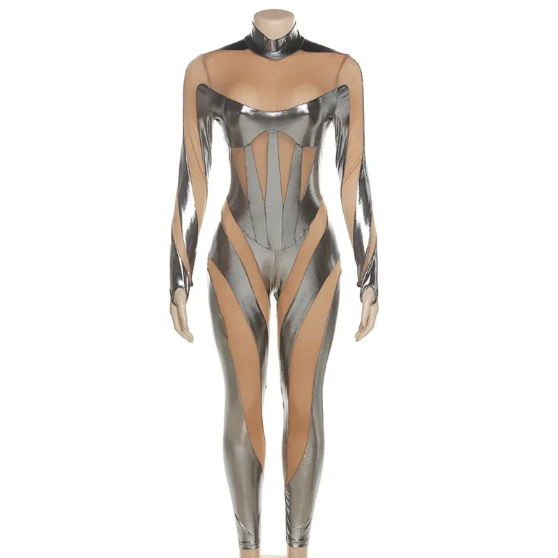 Halloween Costumes for Women Sexy Tight Jumpsuit Women Cyber Punk Mesh Patchwork Bodysuit Cosplay Party Performance Carnival