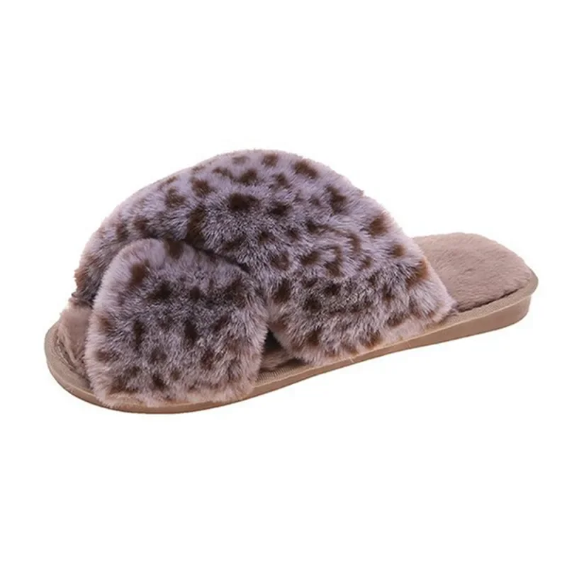 Winter Women Home Slippers Faux Fur Fashion Warm Shoes Woman Slip on Flats Female Slides Leopard Cozy Indoor Furry Slippers