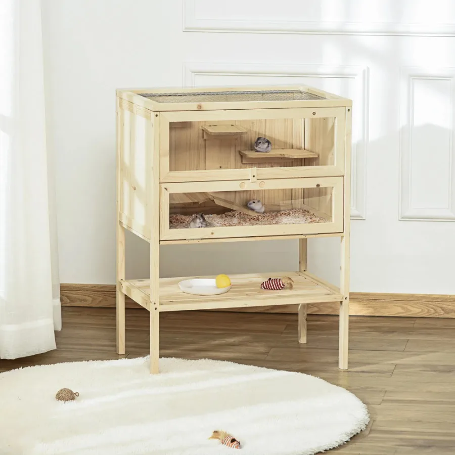 3-Tier Wooden Small Animal Cage with Openable Top Front Door Storage Shelf for Hamsters Mice Rats