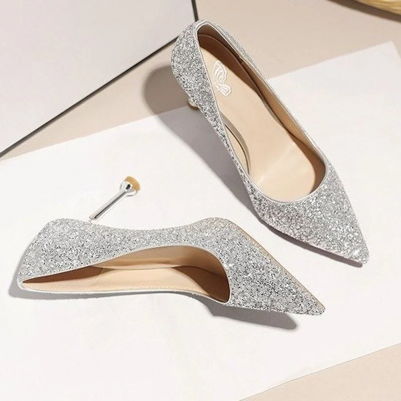 2022 New Women Pumps High Thin Heel Metal Pointed Toe Shallow Sexy Ladies Bling Bridal Wedding Women Shoes White High Heels 6