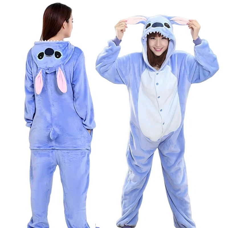 Adults Stitch Cosplay Pajamas Anime Stitch Angel Cute Costume Jumpsuit Pajamas Hooded Sleepwear Halloween Costume for Men Women