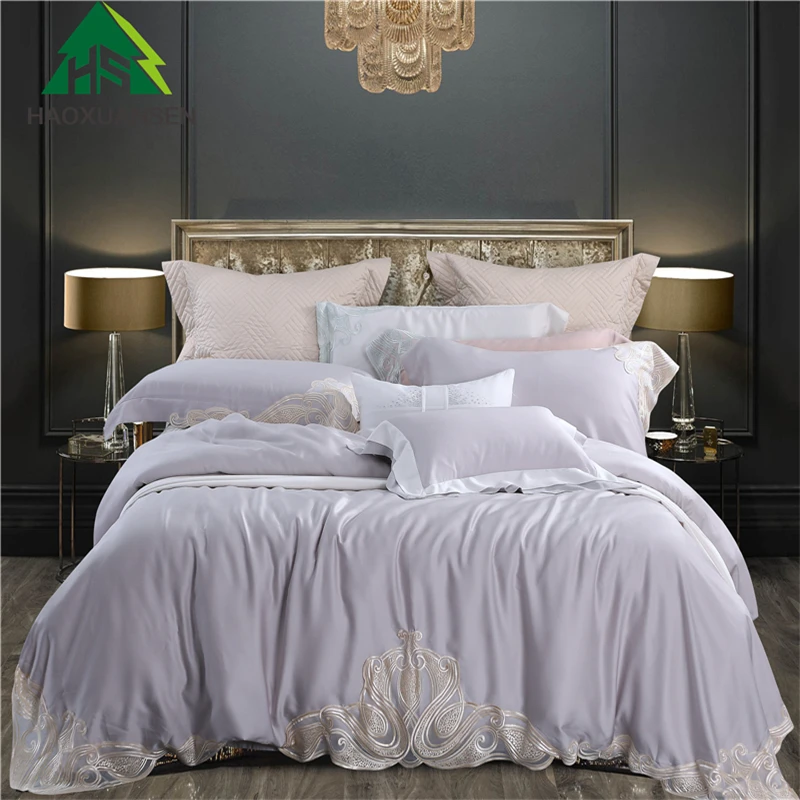 

Embroidery Lace 4/7Pcs Bedding Sets Advanced Grey Cushion Cover Bedspread Duvet Cover Sheets Pillowcase 1000TC Lyocell Fabric