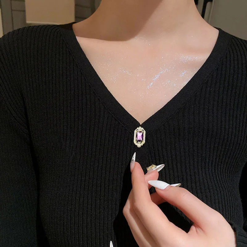 SUYU 심플 브이넥 브로치 여성 가디건, 작은 핀 칼라, 버튼 코트, 정장 액세서리 핀