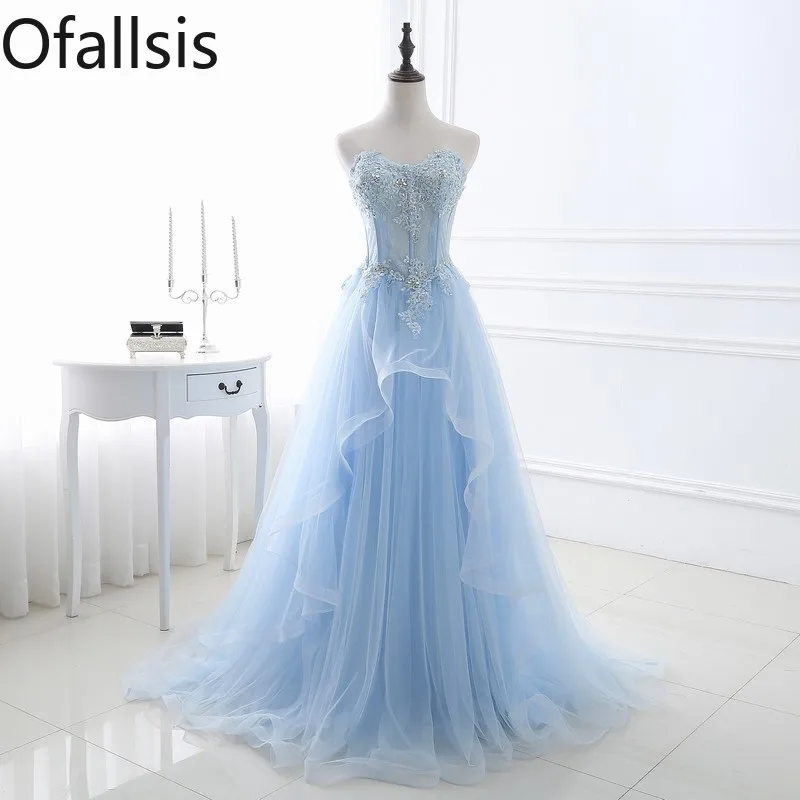 

Ofallsis Blue Strapless Evening Dress 2024 Summer New Tie Slim Fit Bridesmaid Banquet Evening Party Host Performance Dresses