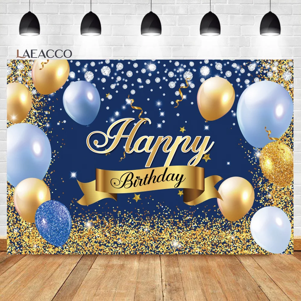 

Laeacco Blue And Gold Happy Birthday Backdrop Glitter Golden Dots Diamonds Balloons Women Girls Portrait Photography Background