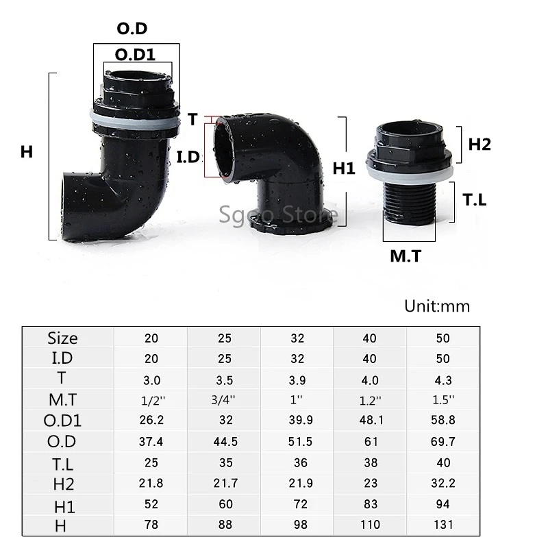 20~50mm Black PVC Pipe 90° Elbow Direct Connectors Thicken Aquarium Overflow Joints Garden Irrigation Inlet Outlet Drain Fitting