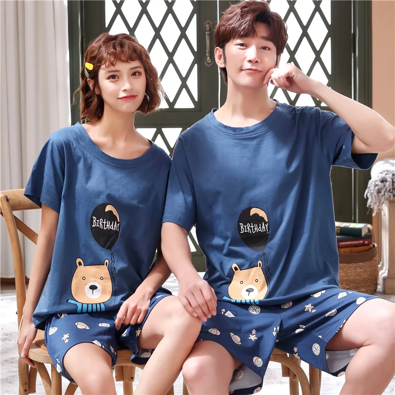 

2023 Summer New Couple Cartoon Men's Pyjamas Blue Bear Pajamas Set Casual Male Sleepwear Pyjamas Night Pijamas 3XL Homewear