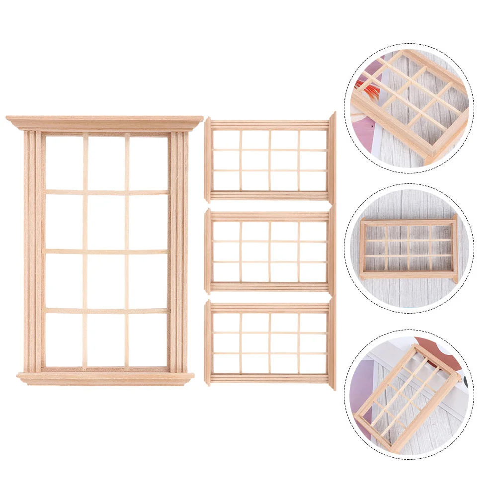 

4 Pcs Window Frame Model Miniature Things House Adornment Pretend Play Toys Uncolored Wooden Fairy Toddler