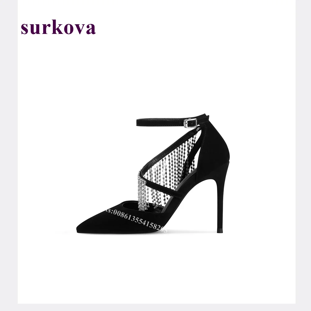

2022 Pointed Toe Fringe Sandals Rhinestone Tassel Pointed Thin Heels Women's Shoes Temperament Design High Heels Party Shoes