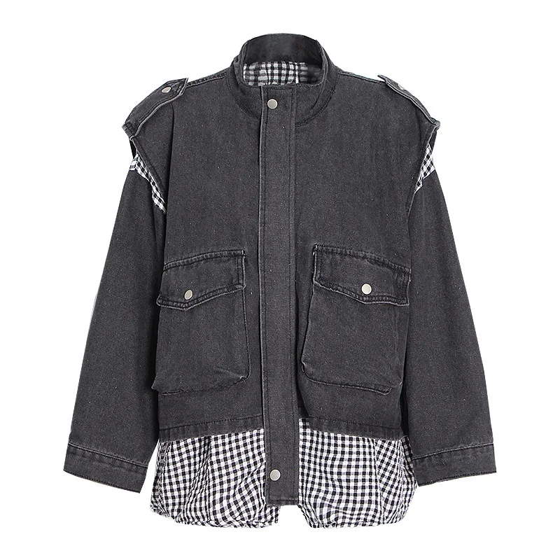 

Casual Denim Jackets for Women Lapel Loose Long Sleeve Patchwork Plaid Coats Female 2023 Autumn Fashion Clothes New