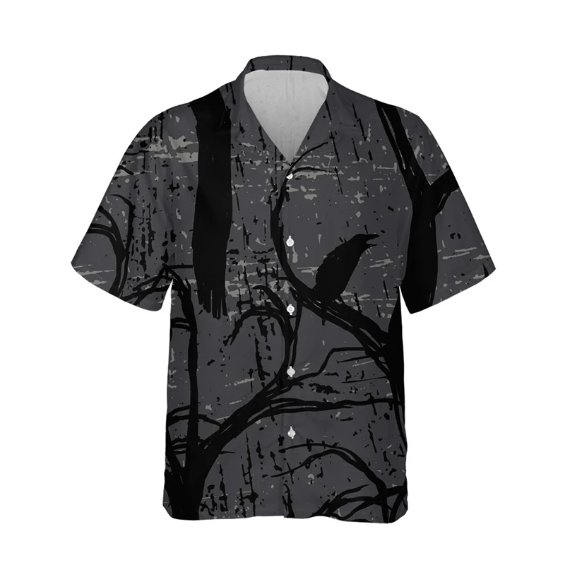 Venta caliente de verano, nuevas camisetas con estampado 3D, estampado de cuervos, solapa, manga corta, moda de terror, camisetas casuales para hombres, traje, camisetas de un solo pecho