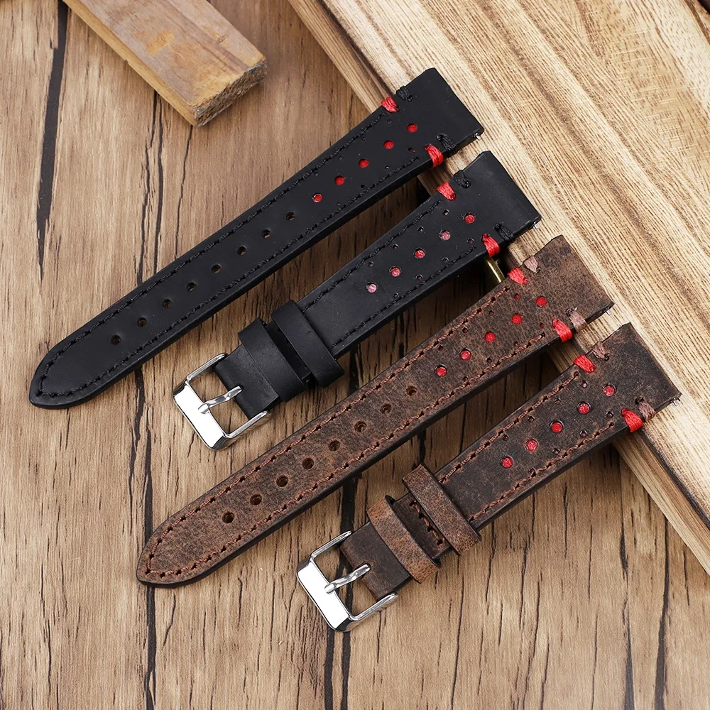 

Retro Handmade Genuine Leather Watch Band Strap 20mm 22mm Porous Breathable Double Color Quick Release Watch Bands Accessories