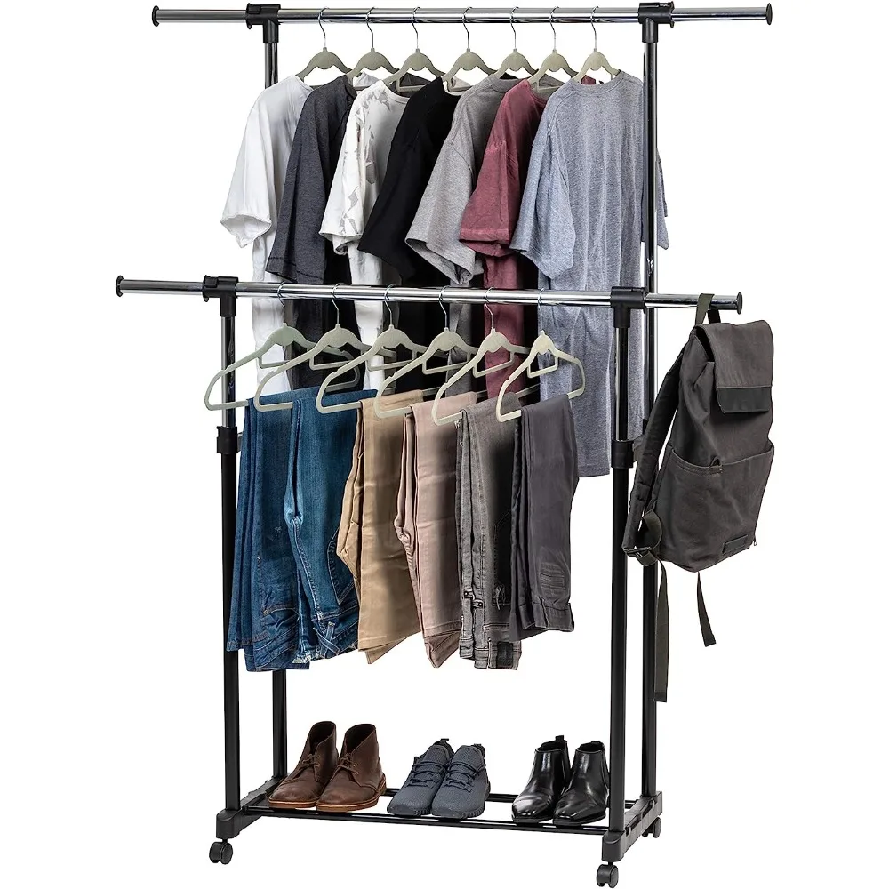 

Portable Double-Rod Height Adjustable Clothes Rack with Extendable Bar and Lockable Wheels, Rolling Garment,Double Rod Wardrobe