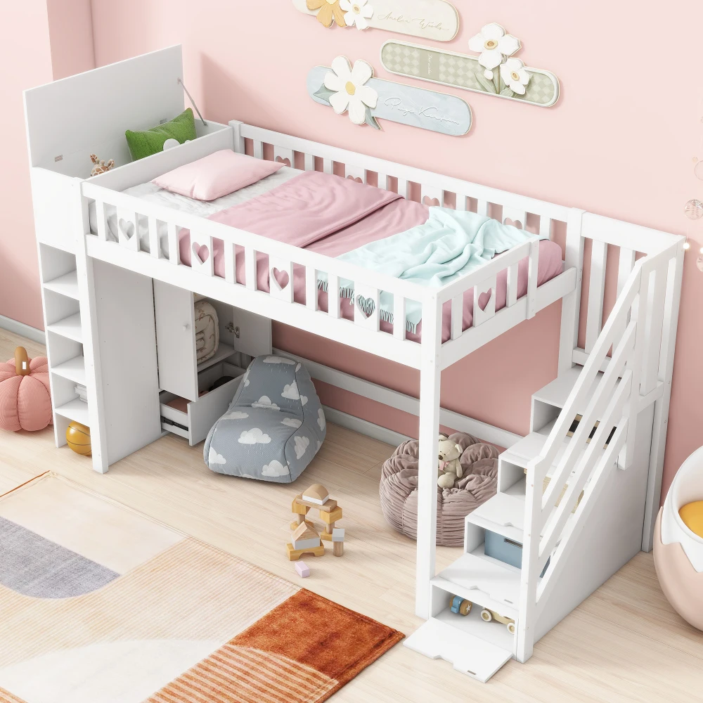 Hochbett, 90 x 200 cm, Aufbewahrungsregale, zusammenklappbarer Aufbewahrungsschrank, freier Platz unter dem Bett, Liebesgeländer, ohne Matratze – Detail 22