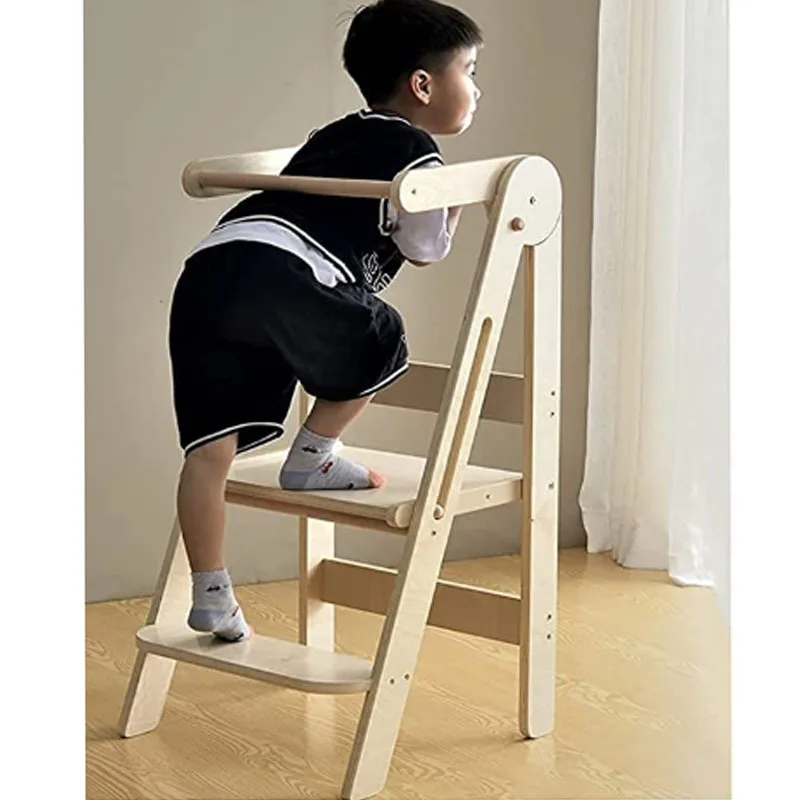 Folding Baby Footstool Hand Washing Table with Handrail Non-slip Solid Wood Tower Children Washstand Footstool Kids Chair