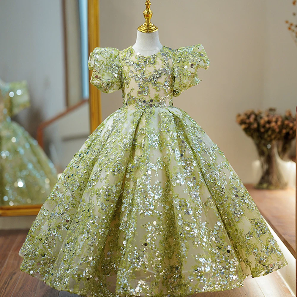 

Green Exquisite Flower Girl Dress Sequined Princess Puffy Short Sleeves Floor Length Communion Gown High Quality Prom Dresses