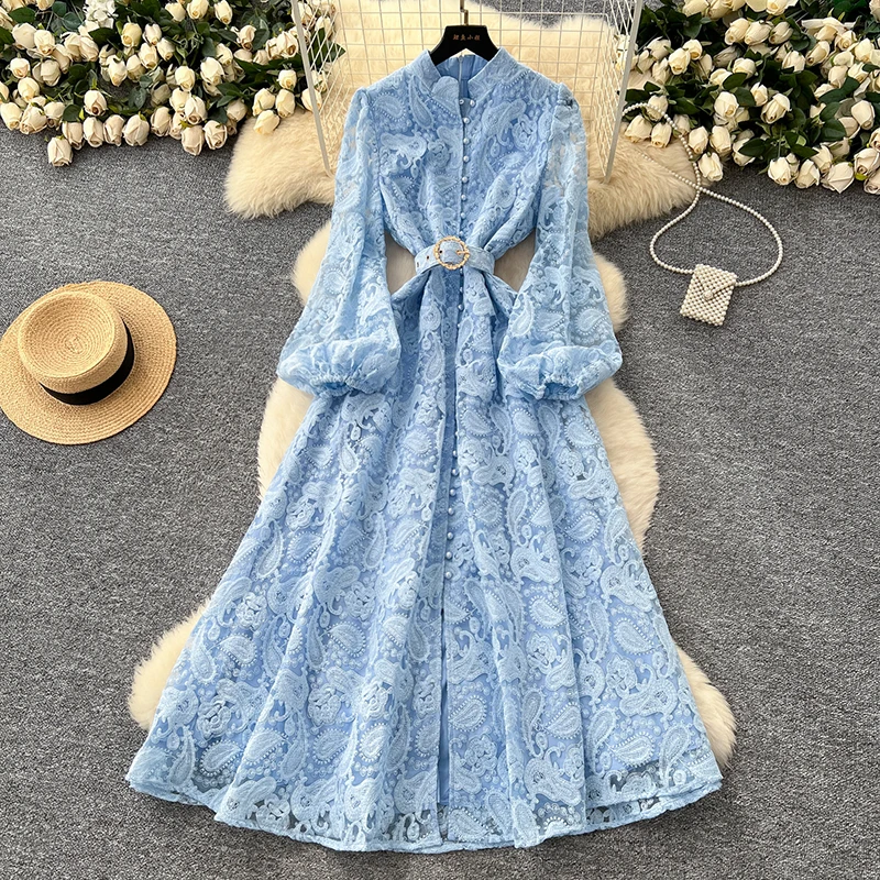 Spring Autumn High End Elegant Birthday Party Women's Dress New French Hook Flower Single Breasted Slim Lace Long Dress S89