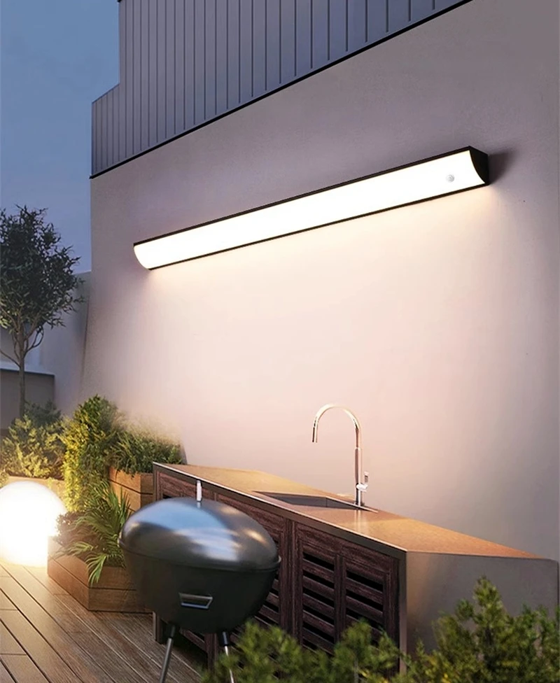 Motion Sensor LED Outdoor Wall Lamp IP65 Waterproof Long Strip Corner Garden Sconce Front Door Porch Home Exterior Wall Lighting