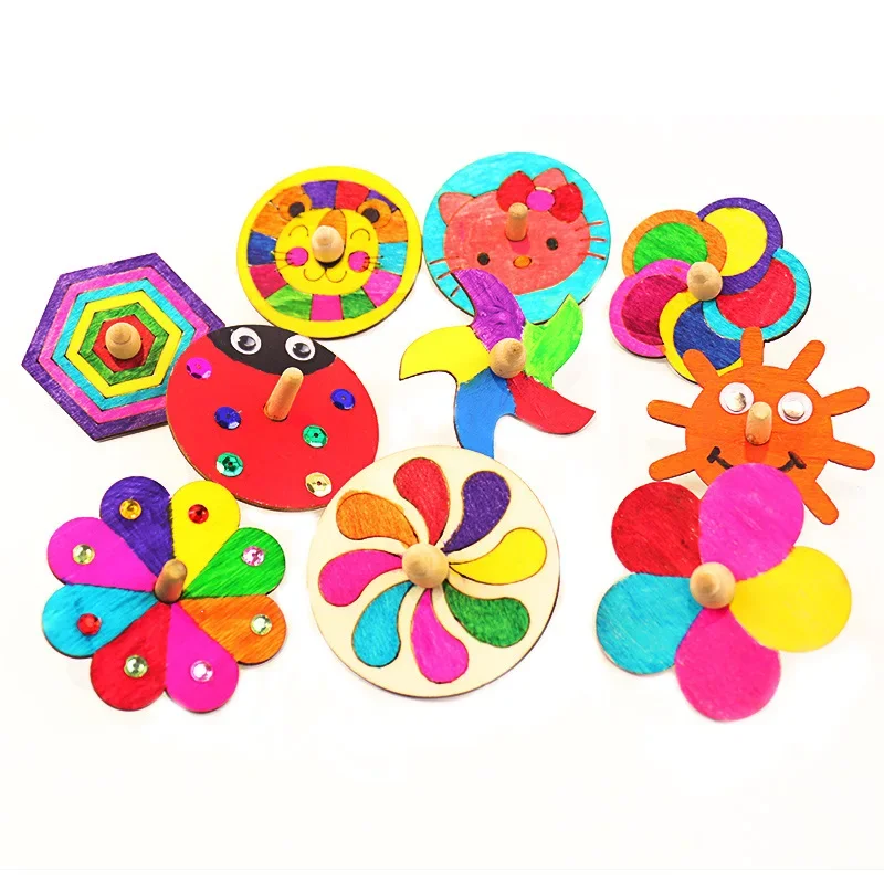Children's DIY Creative Colorful Wooden Spinning Top Piggy Bank Science Toy Kindergarten Educational Plaything Handmade Craft