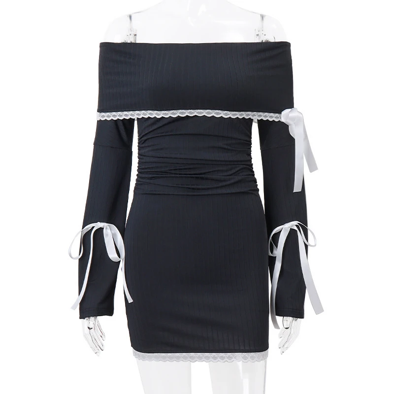Vestido Fairycore Y2K para mujer, con encaje, hombros descubiertos, manga larga, ajustado, con lazo, para salir y fiestas.