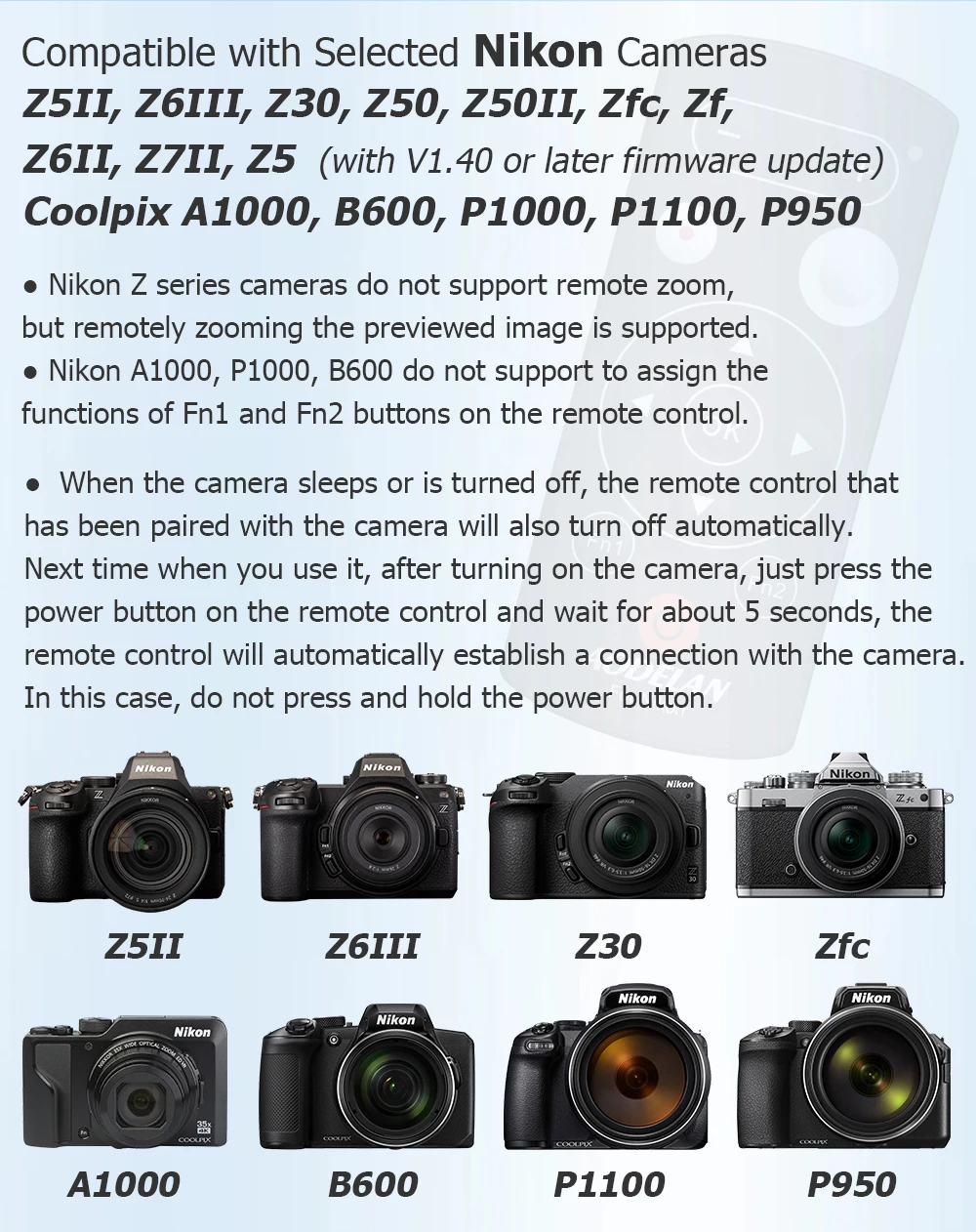 Replace ML-L7 Wireless Bluetooth Camera Remote Control Shutter Release for Z30