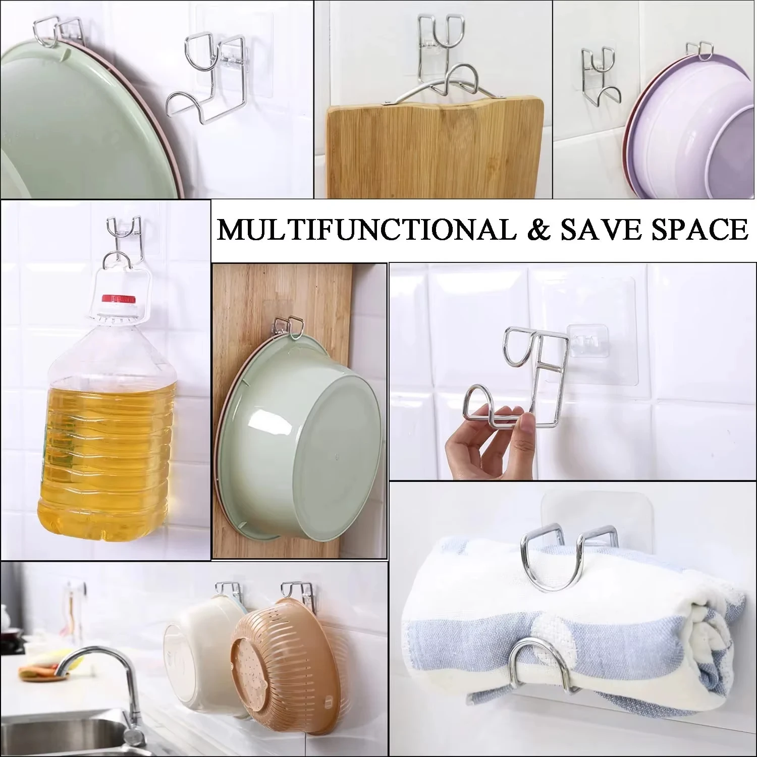 Adhesive Wall Hooks - Stainless Steel Heavy Duty Bathroom Storage Hooks | Space Saving