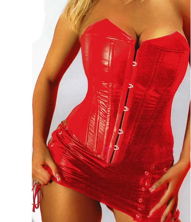 Women's Sexy Lingerie Black Leather Lace Steampunk Corset Lady PVC Mini Dress Waist Gothic Bustier Zip Dominatrix Shapers