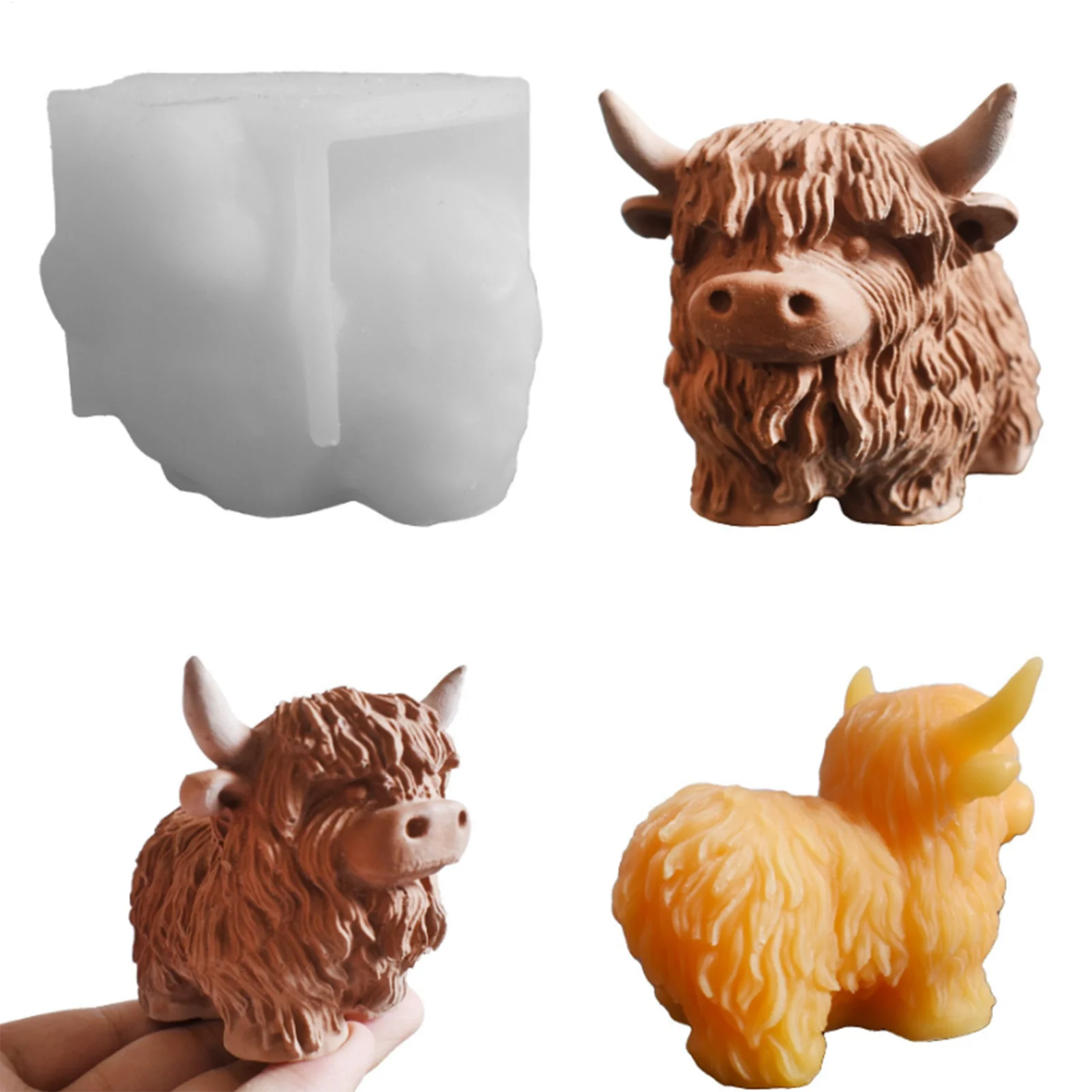 3D Highland Cow Silicone Mold Resin Molds for Figurines Heat-resistant Flexible Reusable Farm Animal Mould for Handmade Candles