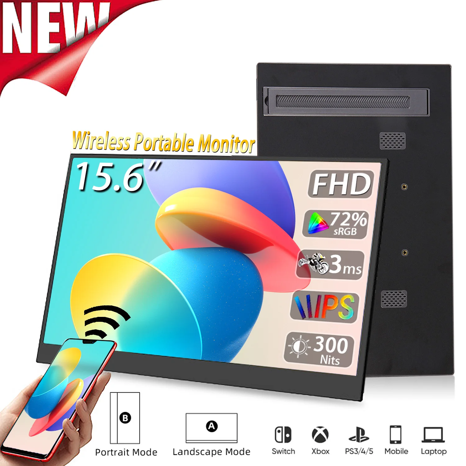 15.6인치 무선 프로젝션 모니터 자동 회전 휴대용 디스플레이 휴대폰 화면 여행용 노트북 맥 및 휴대폰용 저블루라이트 와이파이