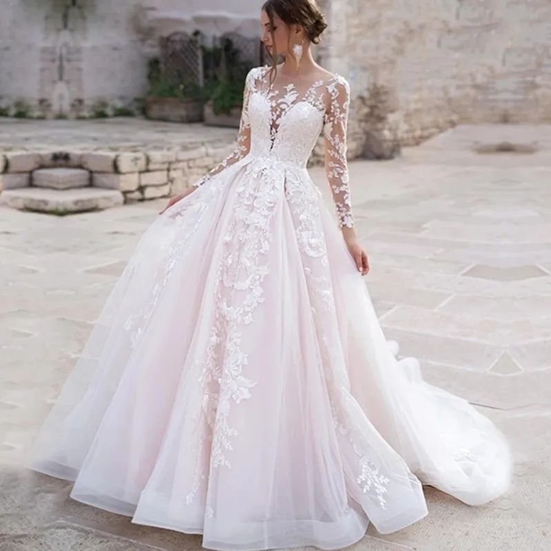 

Luxury Pink Long Sleeves Wedding Dress Ball Gown Lace Appliques O-Neck Button Royal Train Bride Gowns Vestido De Novia Princess