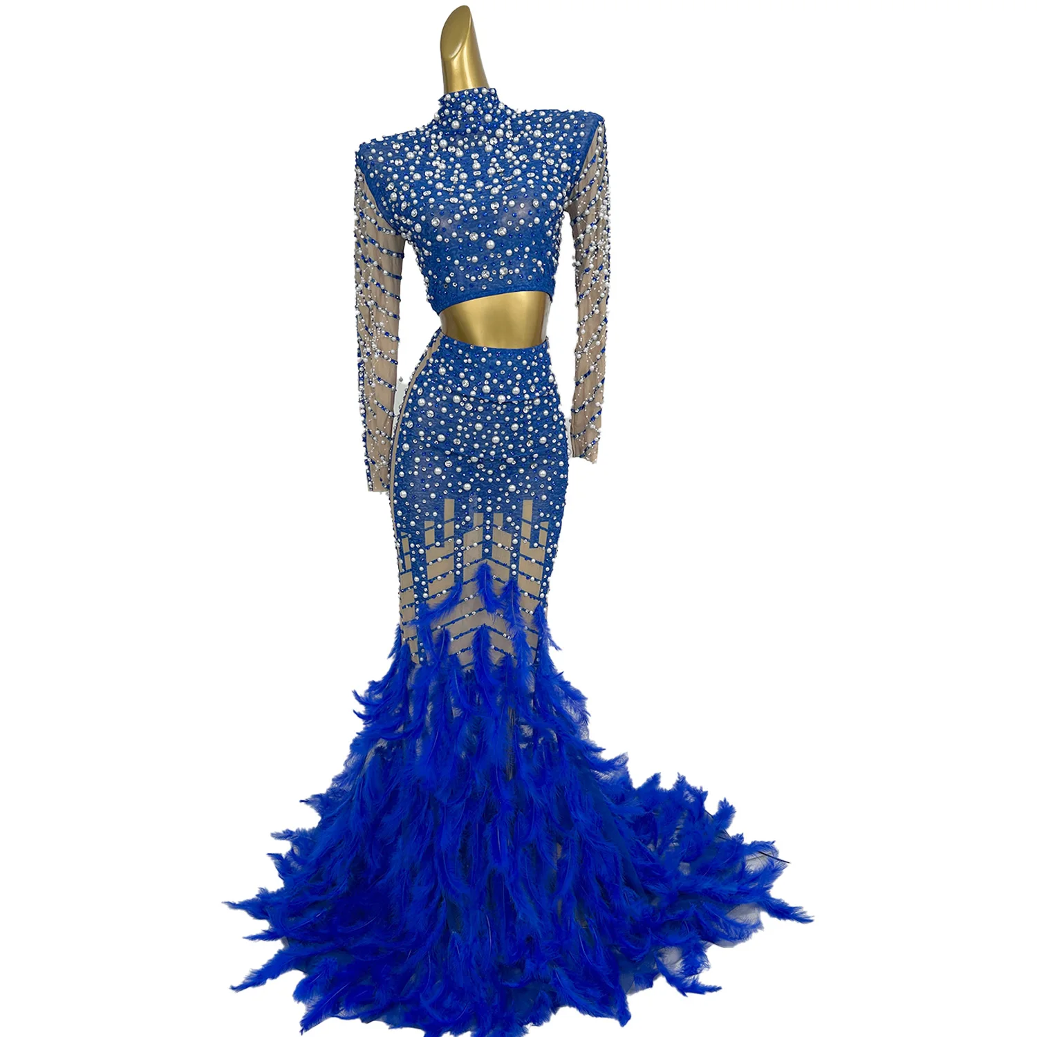 Women Blue Celebrate Evening Formal Feather Dress Drag Queen