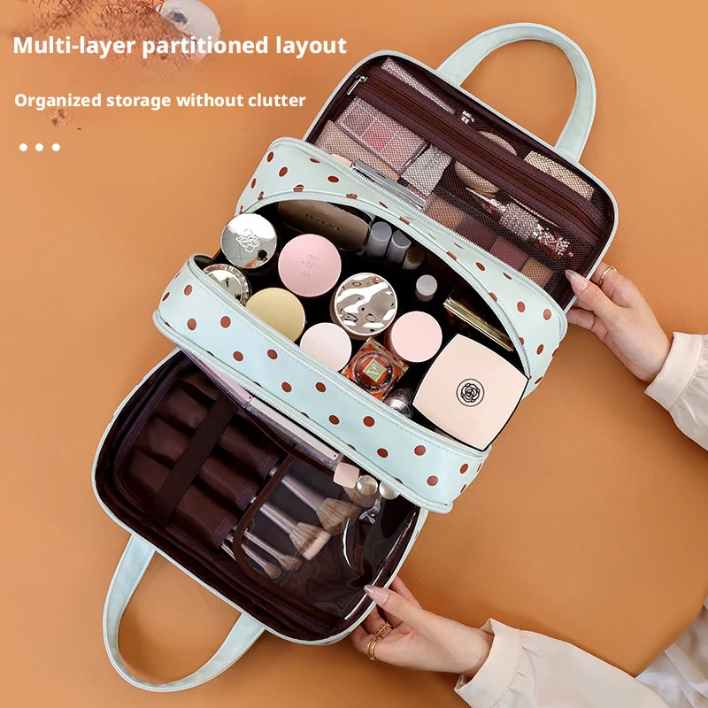 Borsa per il Trucco a Pois Multifunzionale con Tre Scomparti in PU, Grande Capacità, Impermeabile, per Viaggi e Conservazione - immagine 3