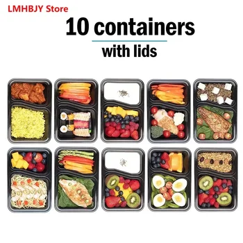 Récipients de préparation de repas réutilisables à 2 compartiments BPA, récipients à déjeuner rectangulaires, passe au micro-ondable, plateaux de stockage des aliments empilables 1