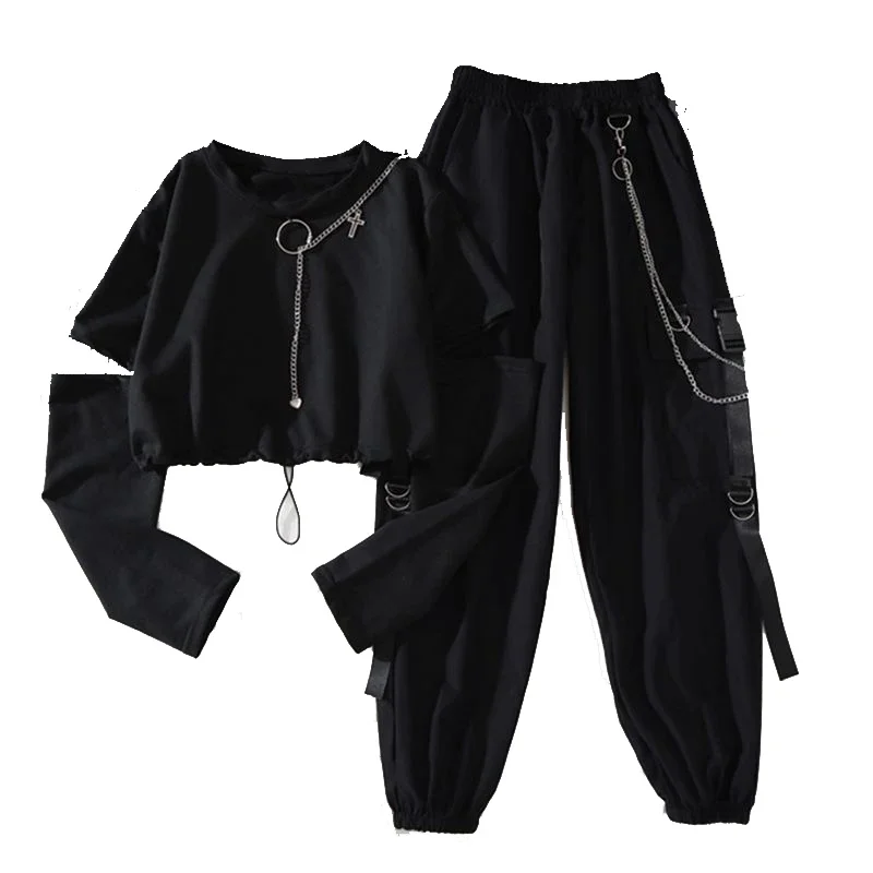

Spring Autumn Women Harajuku Cargo Pants Handsome Cool Two-piece Suit Chain Long Sleeve+Ribbon Pants