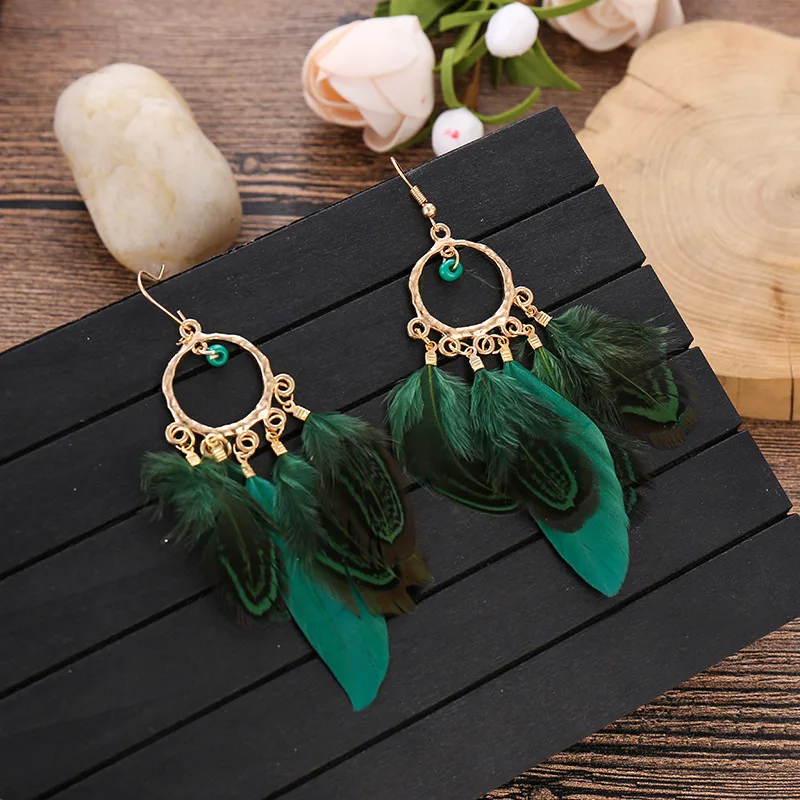 New Round Beaded Feather Tassel Earrings Women's Fashion Simple