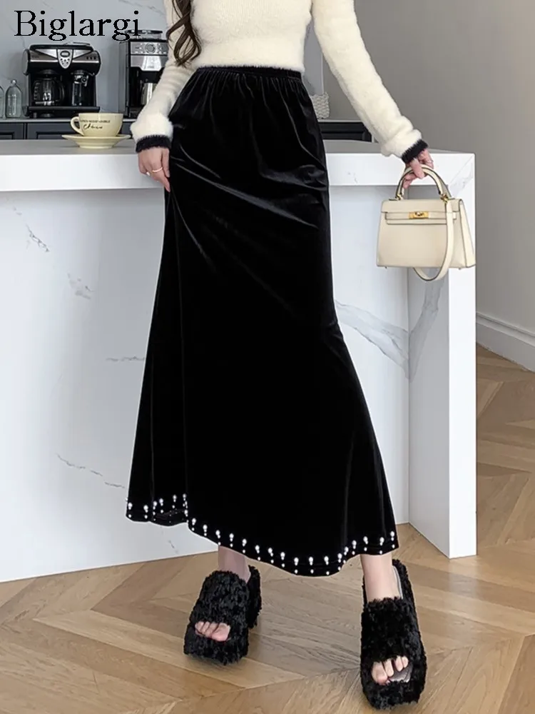 

Velvet Autumn Winter Long Skirts Women Pearl Fashion Ruffle Pleated Korean Style Ladies Skirts High Waist Irregular Woman Skirts