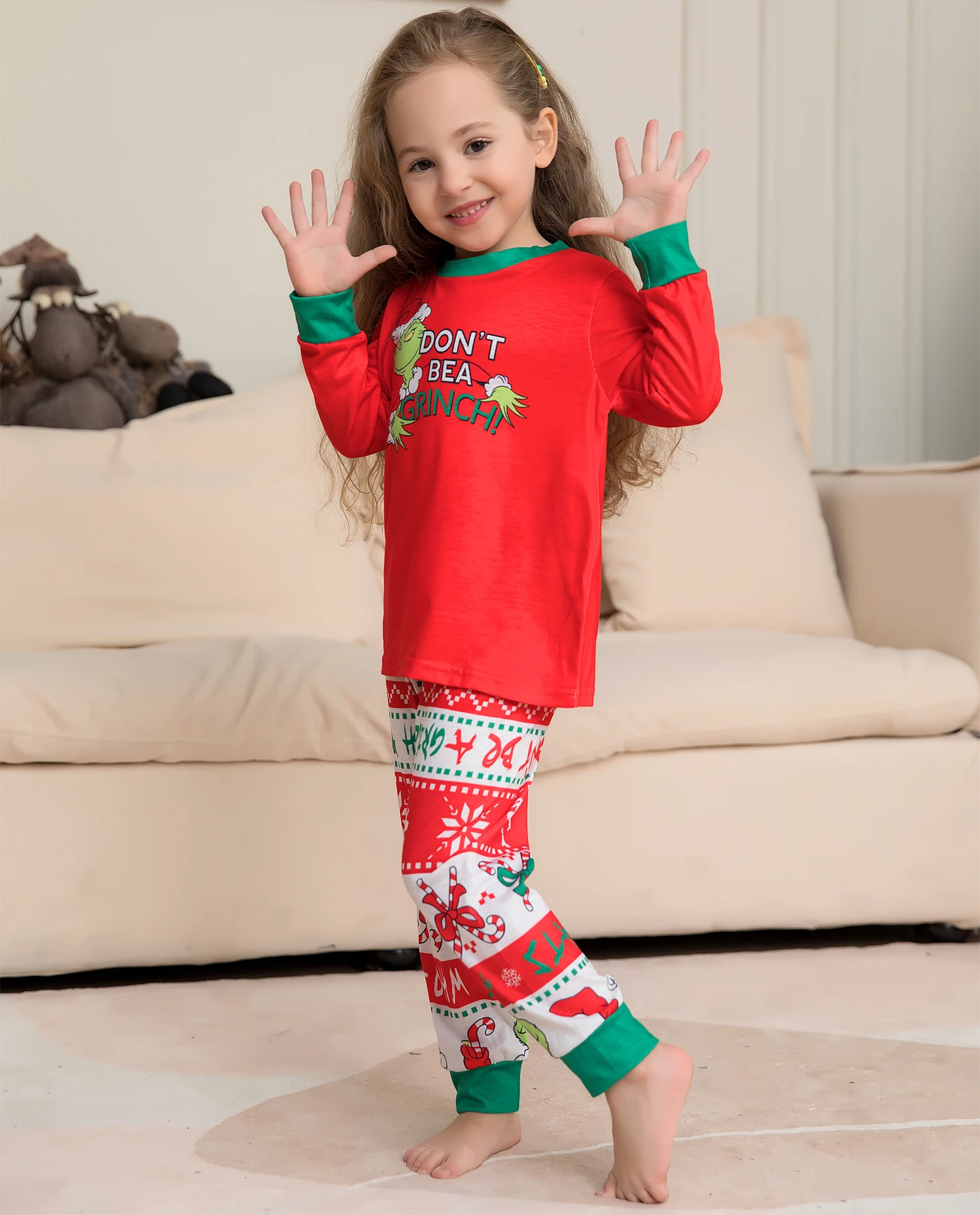 Monster Print Pajama Set Christmas Parent-child Outfit Long Sleeve Crew Neck Top&