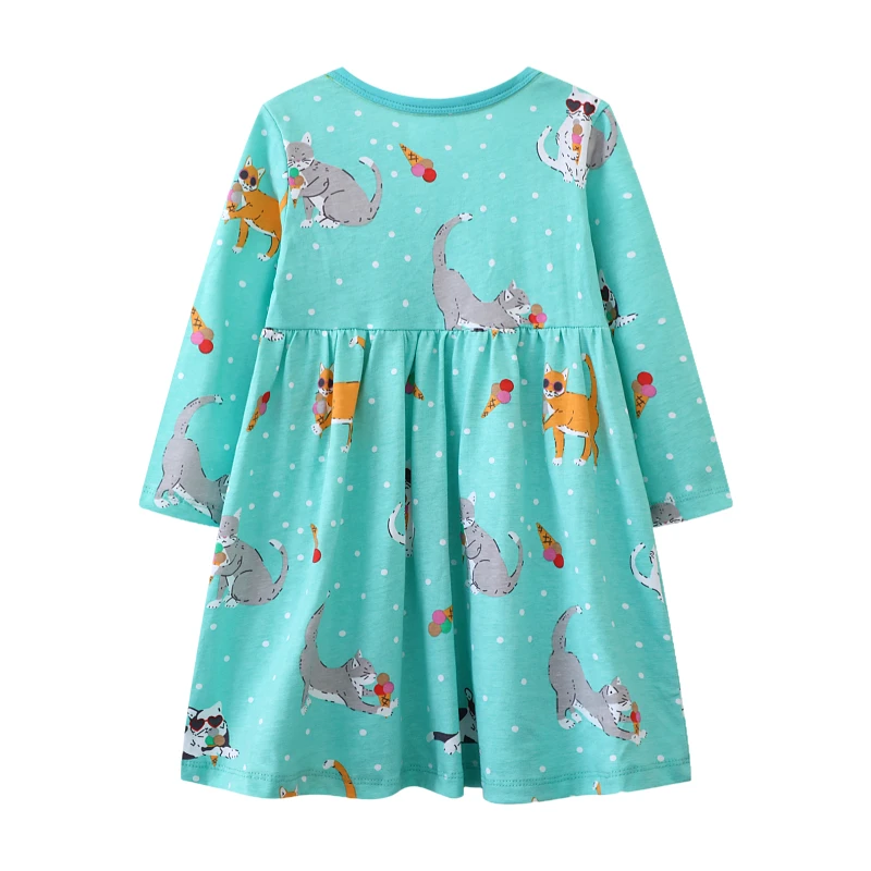 Children's Clothing Kids Clothes 20245 Autumn Girls Long Sleeves Cartoon Cats Dress with Pockets Cotton